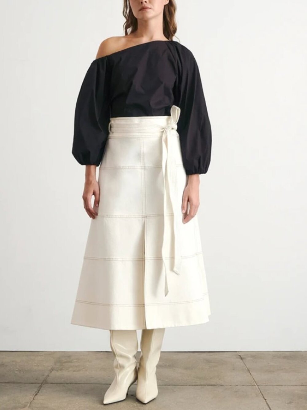 Tanya Taylor Hudson Denim Midi Skirt Chalk Ivory Classic Quiet Lux